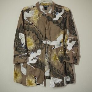 Citron Santa Monica Button Down Blouse 1X Crane Mandala Print Bamboo Blend Brown